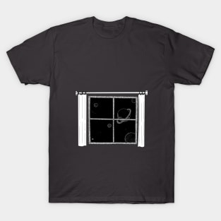 Window dreaming the starry sky at bedtime night.imagining boundless space with myriad of stars T-Shirt